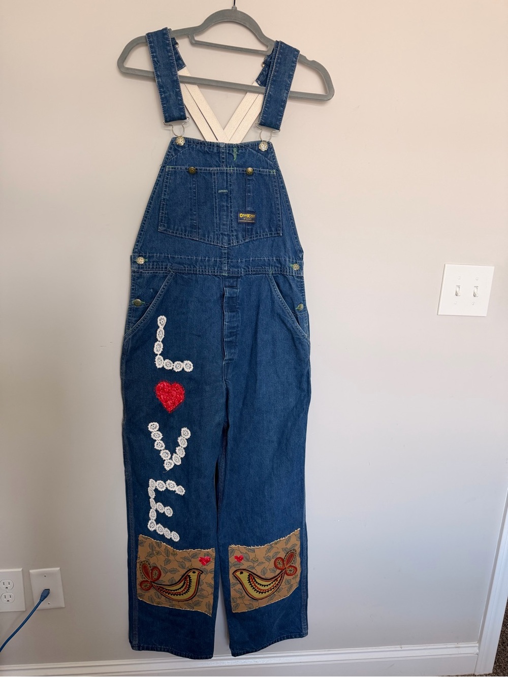 OshKosh B'Gosh Vintage Denim Overalls Size 32x30 Custom "LOVE" Lace Heart USA